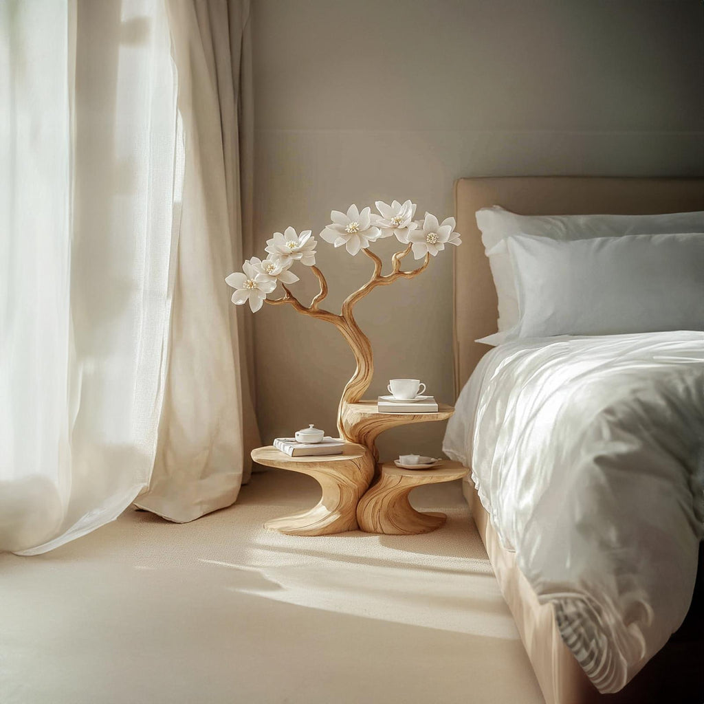 Handcrafted Rustic Flower Tree Bedside Table, Creative Wood Nightstand & Accent End Table for Bedroom, Entryway