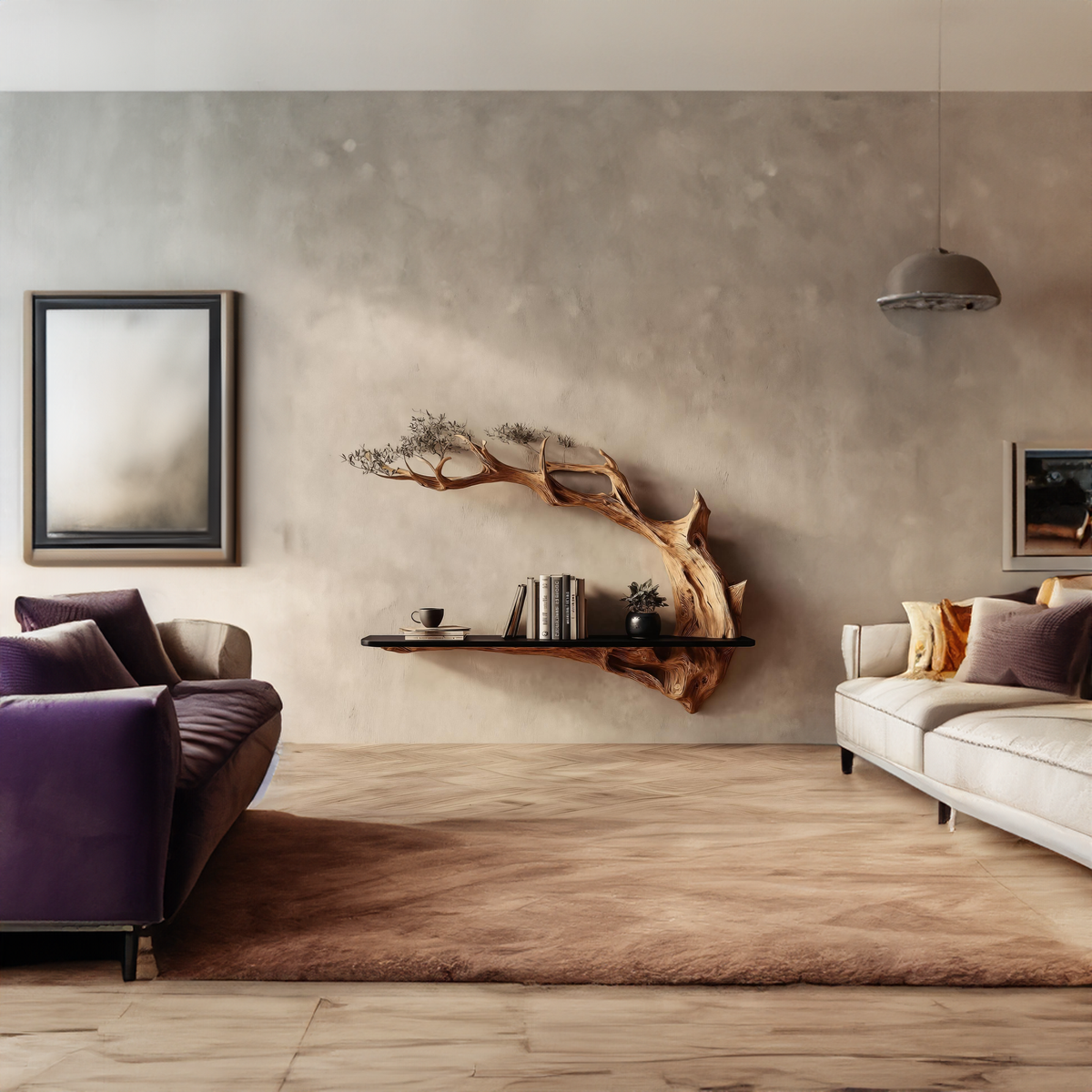 Rustic Tree Wall Shelf Unique Living Room Storage