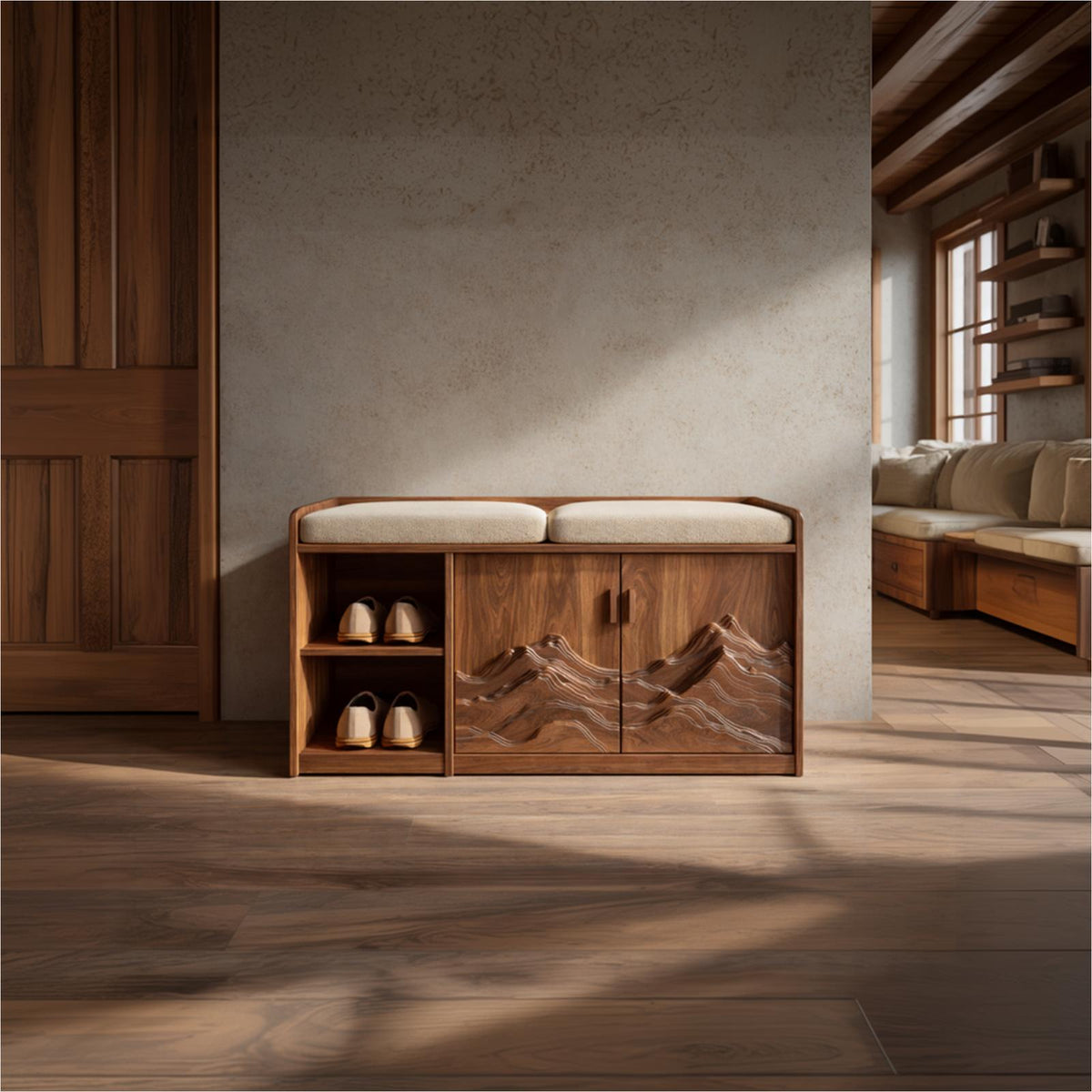 Rustic Sculptural Storage Bench For Entryway Or Sleeping Space