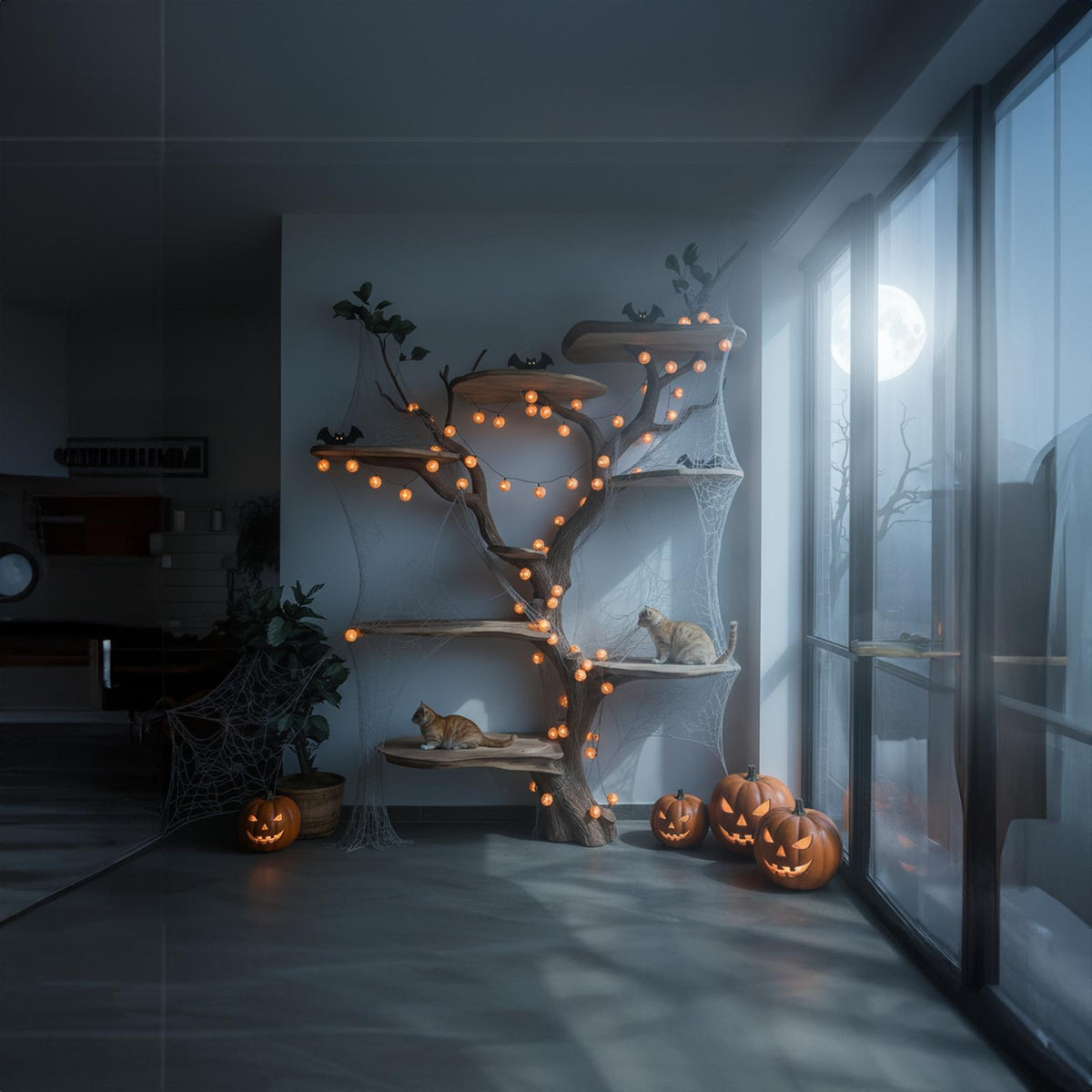 Mid Century Halloween Cat Tree Shelf Living Room