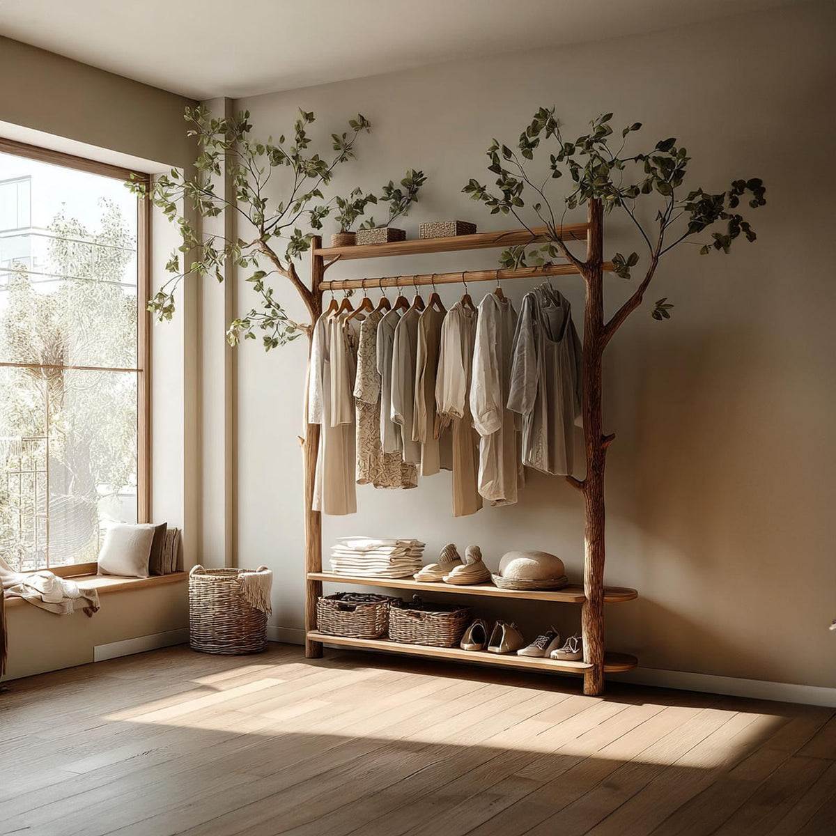 Rustic Tree Clothes Rack Solid Wood Bedroom Organizer