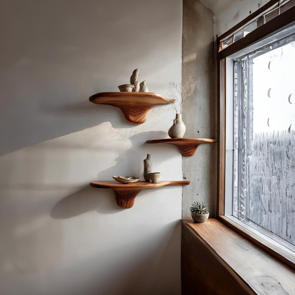 Rustic Mushroom Floating Shelves Kitchen