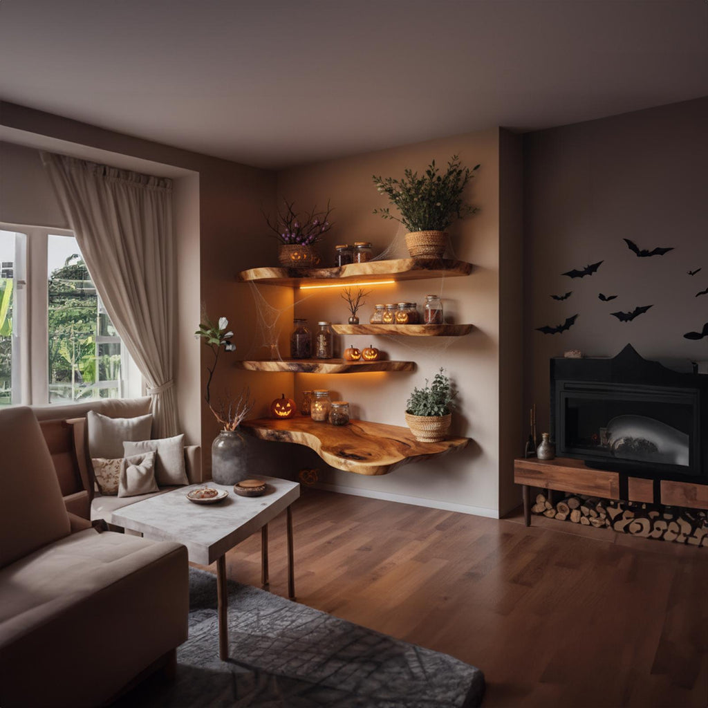 Mid Century Floating Wooden Shelves Halloween Style Living Room