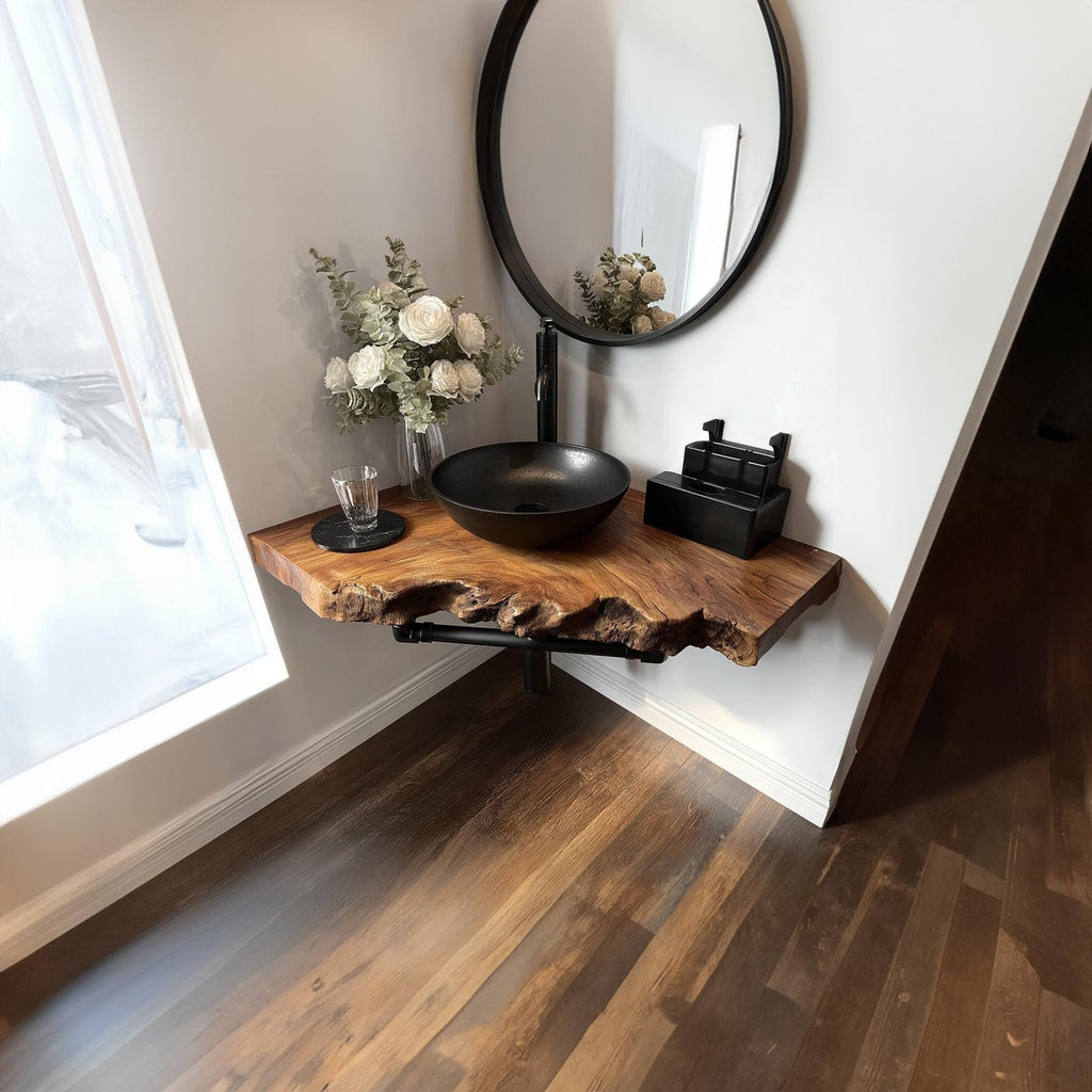 Mid-Century Floating Shelf, Narrow Solid Wood Washroom Vanity Countertop, Small Bathroom Single Sink Shelf
