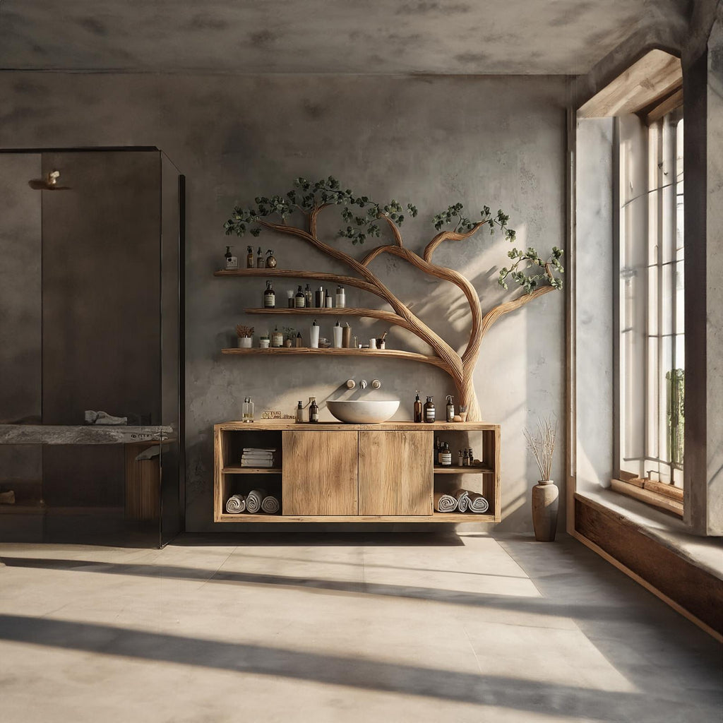 Rustic Organic Tree Branch Wall Mounted Vanity, Live Edge Wood Floating Bathroom Sink Stand, Model