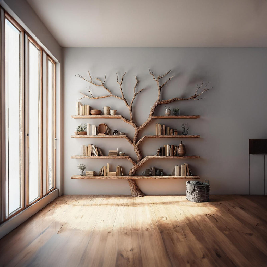 Rustic Tree Bookshelf, Handcrafted Solid Wood Wall Mounted Bookcase & Large Floating Display Shelf for Living Room Decor