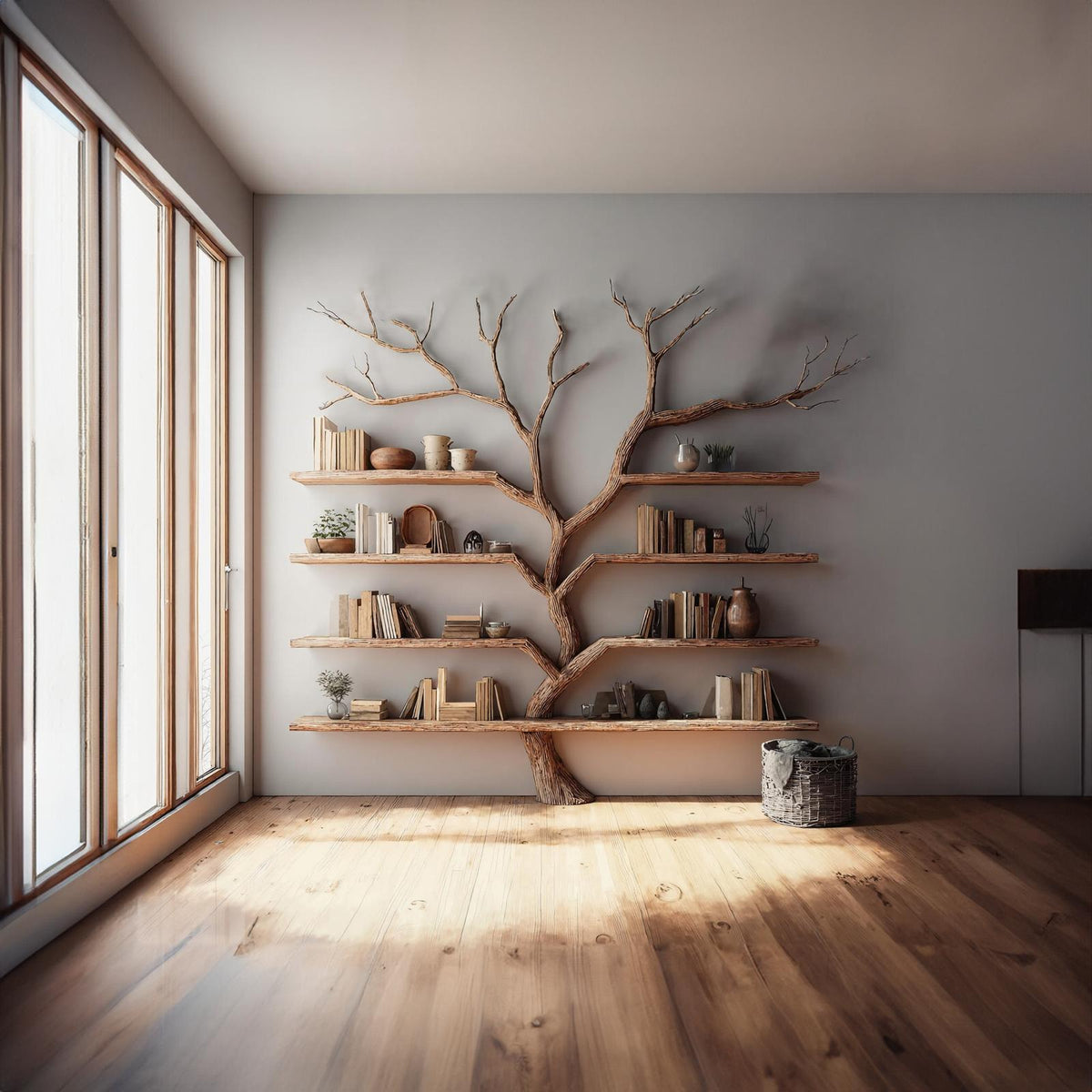 Rustic Tree Bookshelf, Handcrafted Solid Wood Wall Mounted Bookcase & Large Floating Display Shelf for Living Room Decor