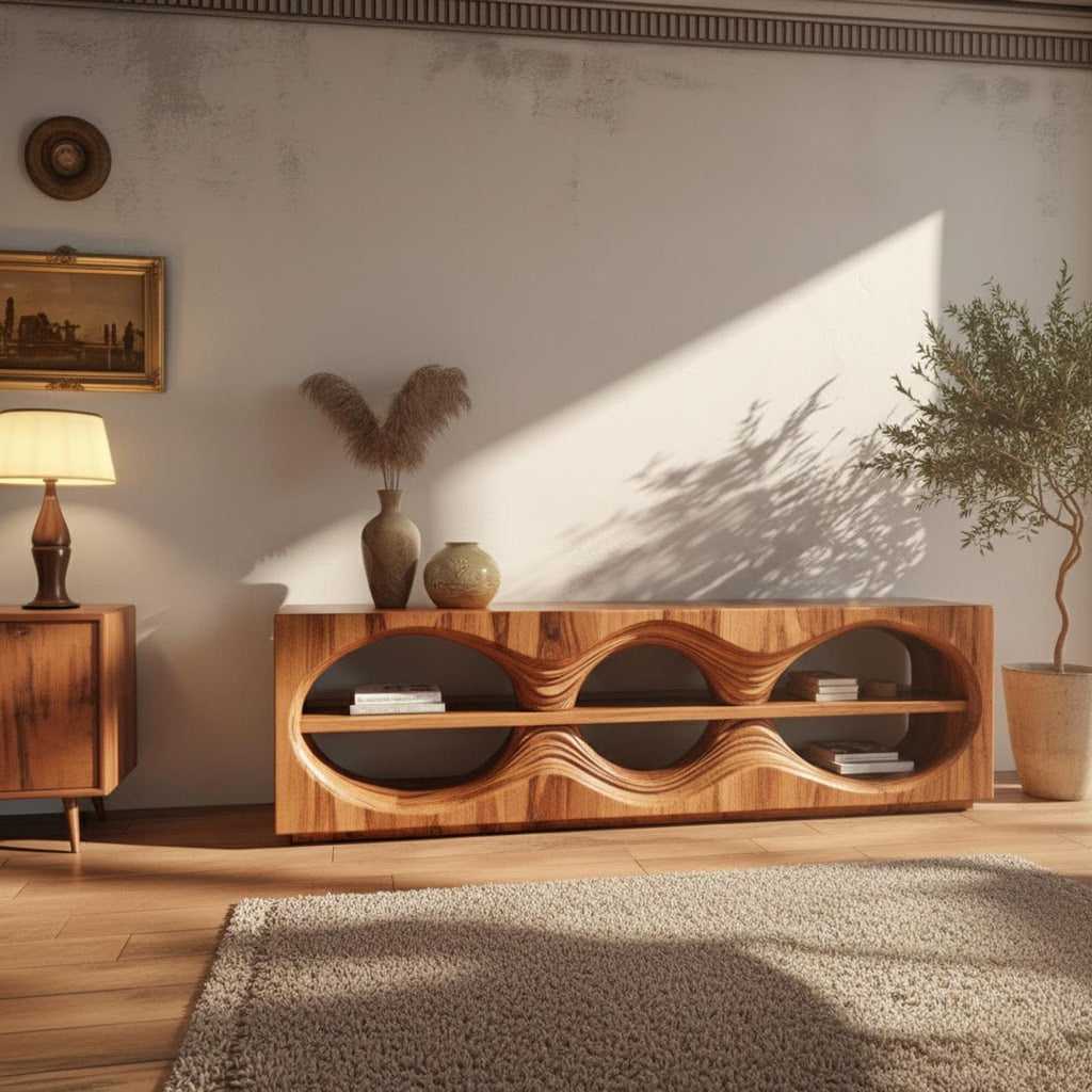 Organic Modern Sculptural Wood Console Table, Abstract Curved Living Room Entryway & Bedroom Accent Credenza