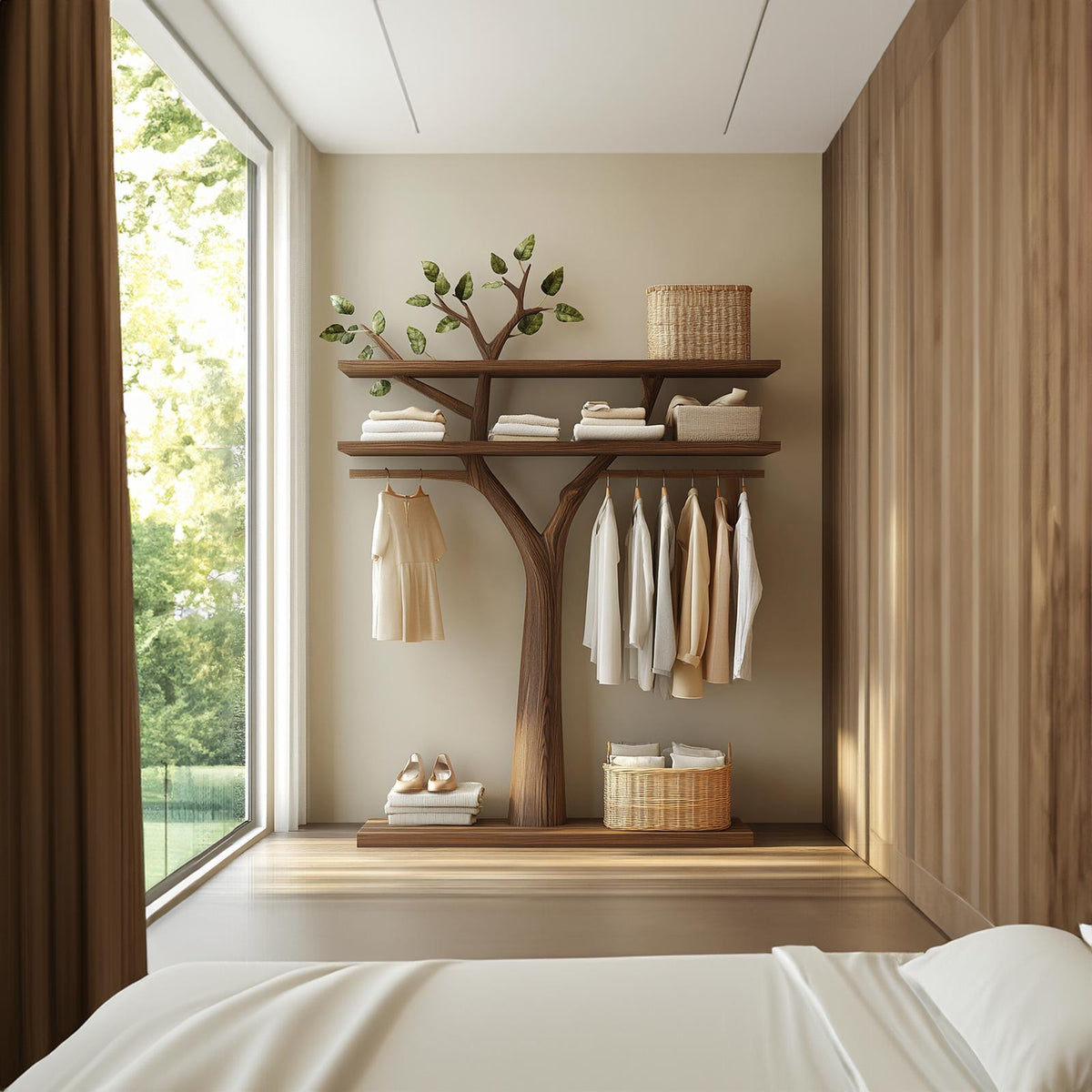 Sculptural Wooden Tree Clothing Rack, Artistic Solid Wood Standing Coat Stand, Creative Bedroom Clothes Hanging Rack