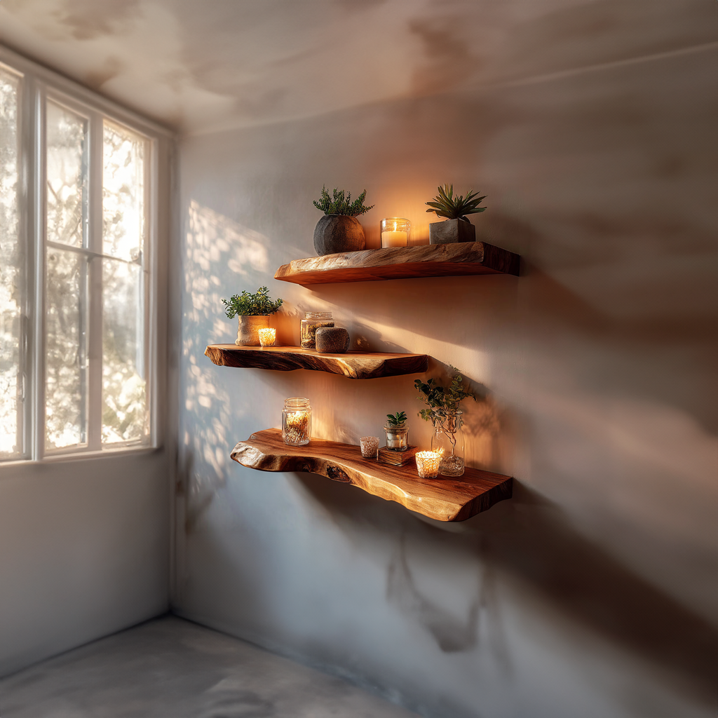 Rustic Live Edge Floating Wood Shelves, Wall Mounted Book & Plant Display Storage Organizer for Home Office, Bedroom Set