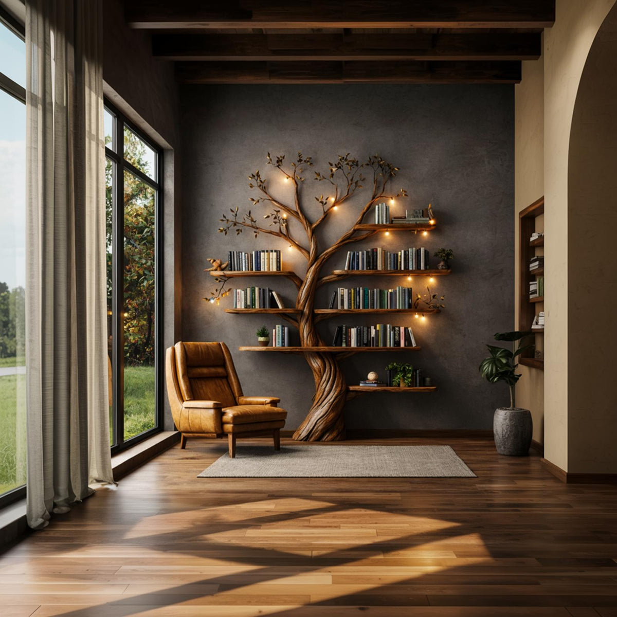 Rustic Nature-Inspired Tree Display Bookcase, Freestanding Wood Branch Organizer Shelf for Living Room Decor