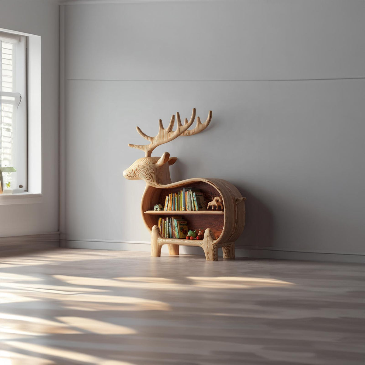 Spry Interior Rustic Wooden Deer Bookshelf, Creative Animal Shape Kids Bookcase, Solid Timber Nursery Display Storage Cabinet SINLKISC103
