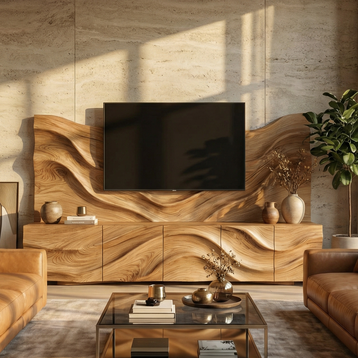 Scandinavian TV Cabinet & Slat Wood Wall Panel Set, Modern Entertainment Center for Living Room, Media Console