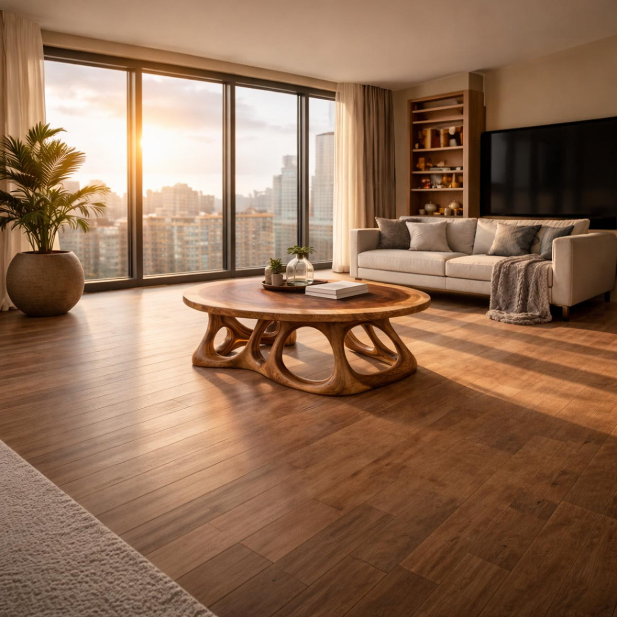 Round Sculpted Solid Wood Coffee Table, Organic Balance Accent Center Table for Modern Living Room Interior