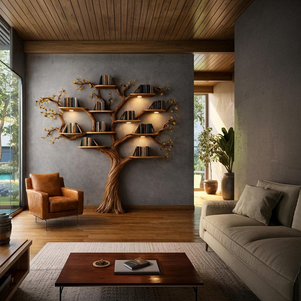 Rustic Wood Tree Bookshelf, Sculptural Handcrafted Wall Mounted Statement Branch Bookcase for Cozy Living Room