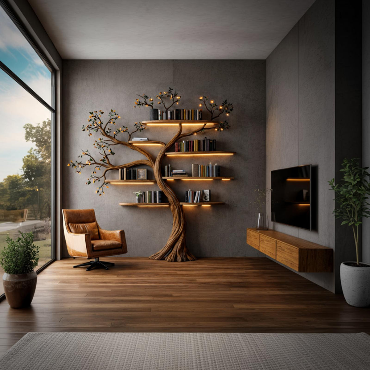 Sculptural Solid Wood Tree Bookshelf, Architectural Wall Floating Branch Display Bookcase for Living Room Art
