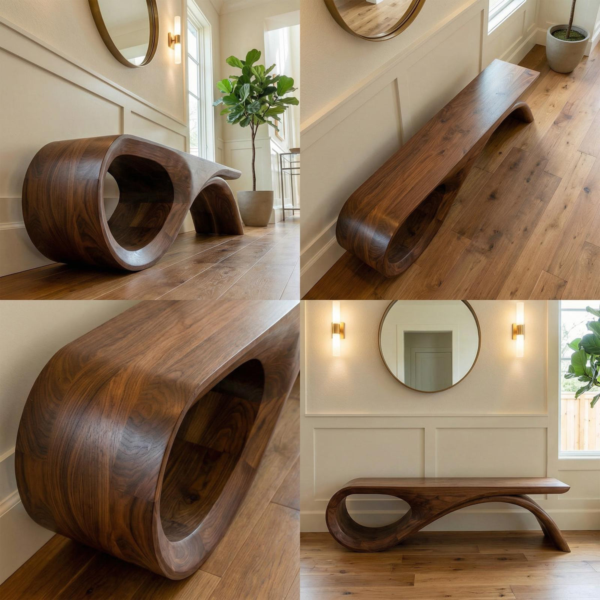 Spry Interior Rustic Solid Wood Bench, Loop Curved Base Entryway Bench & Indoor Seating for Living Room, SINLKIRS089