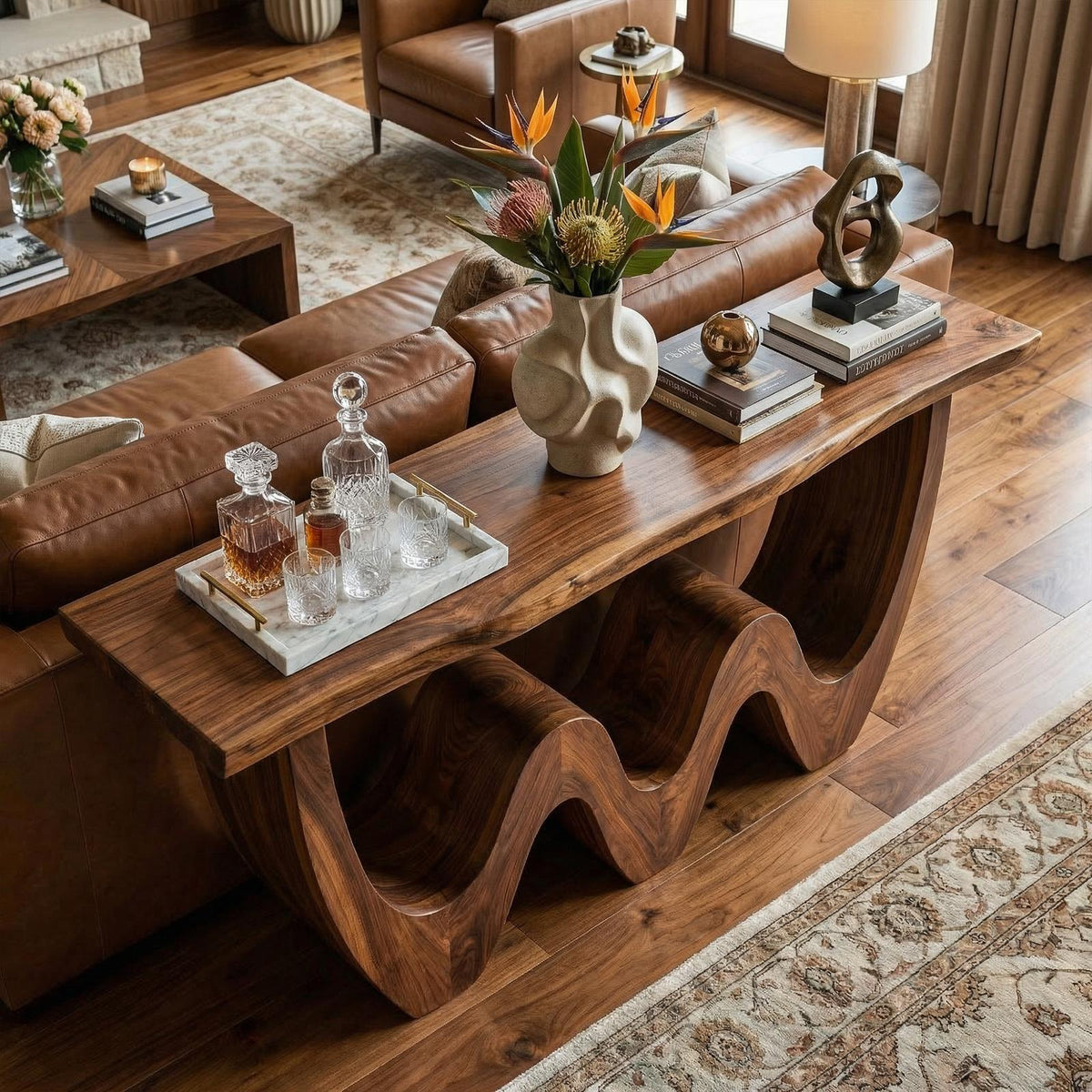 Rustic Triple Wave Wood Console Table, Sculptural Entryway, Hallway & Sofa Back Table