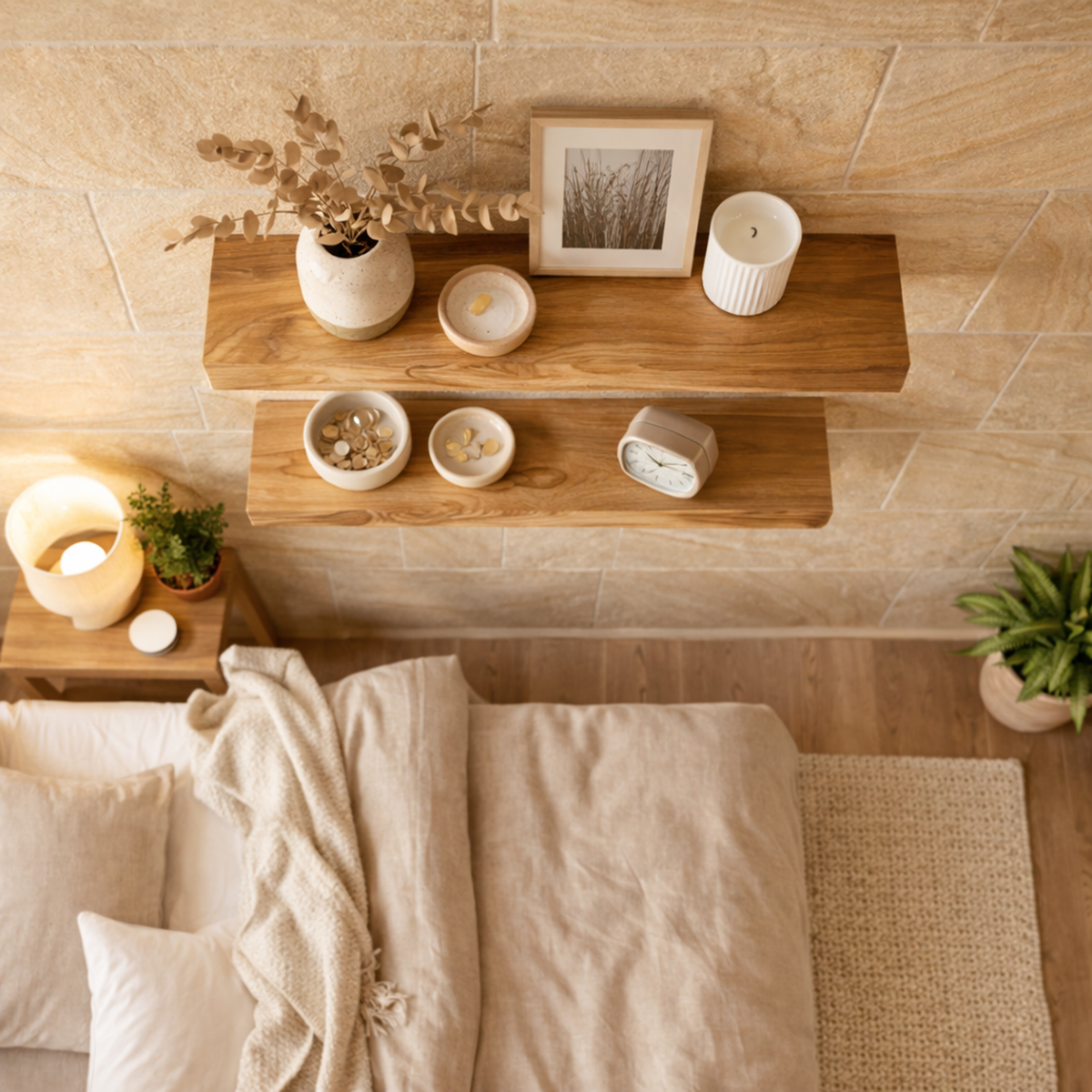 Modern Natural Oak Floating Wall Shelves, Minimalist Solid Wood Display Ledges for Bedroom, Living Room & Plants