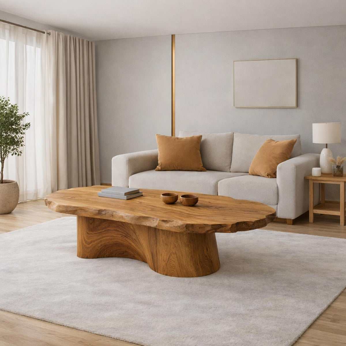 Soft Edge Organic Solid Wood Coffee Table, Sculpted Base Serene Center Table for Modern Living Room Interior