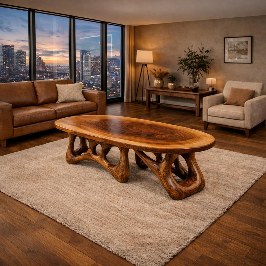 Sculpted Live Edge Solid Wood Coffee Table Organic Arch Silhouette Warm Contemporary Living Room Interior SINLKICF302