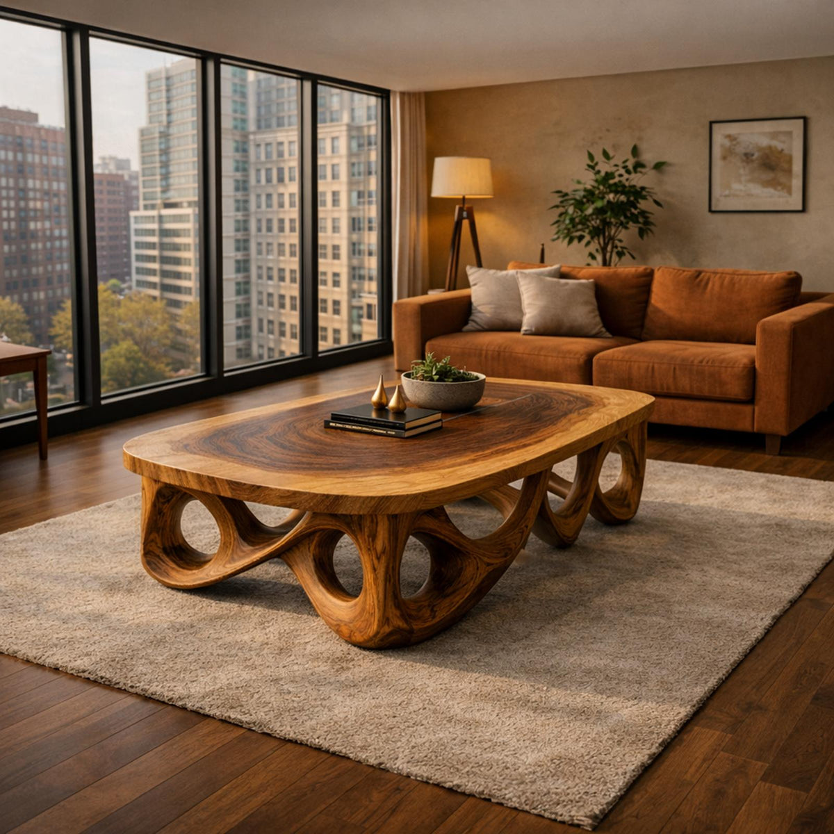 Spry Interior Urban Sculpted Solid Wood Coffee Table, Flowing Arch Base Modern Center Table for Living Room Home Decor, SINLKICF301