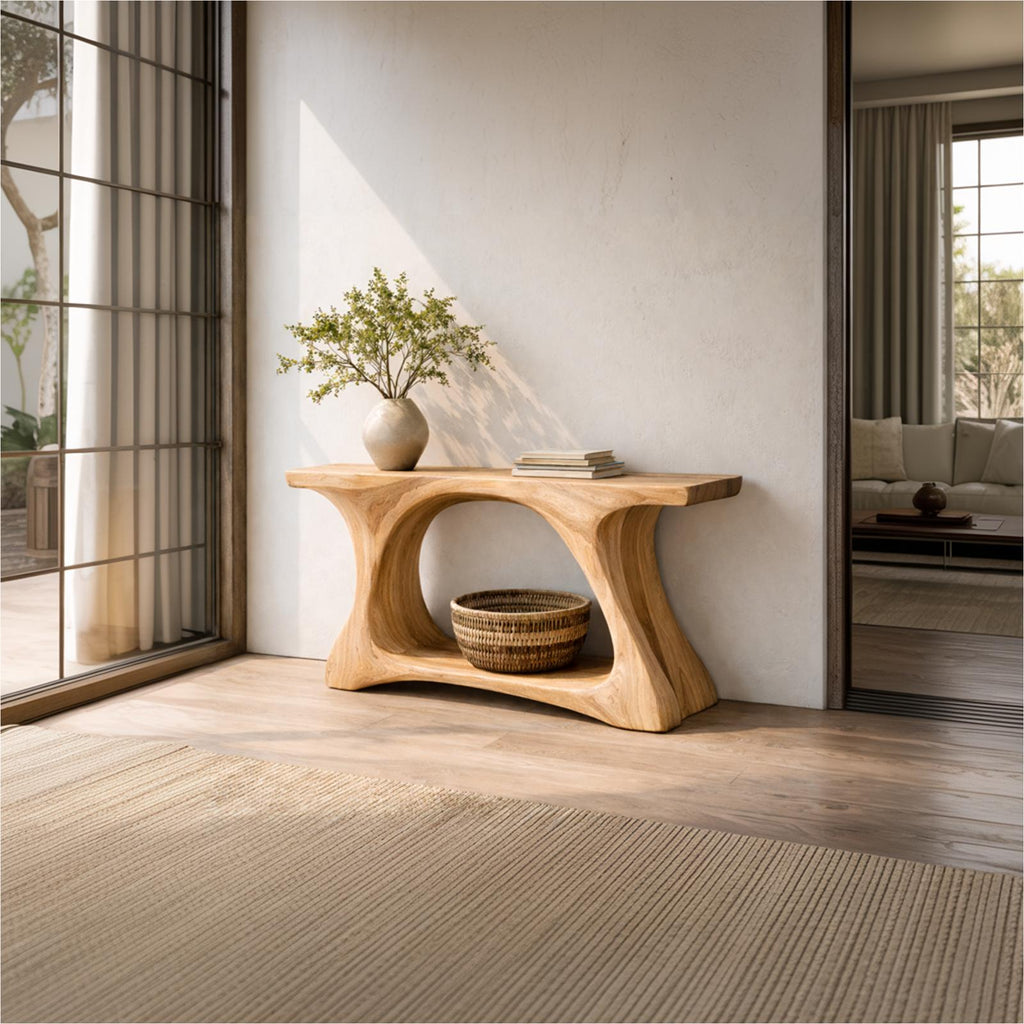 Teezano Rustic Wood Console Table with Organic Curved Tree Trunk Base, Handcrafted Entryway Accent Table for Living Room, SINLKICS459