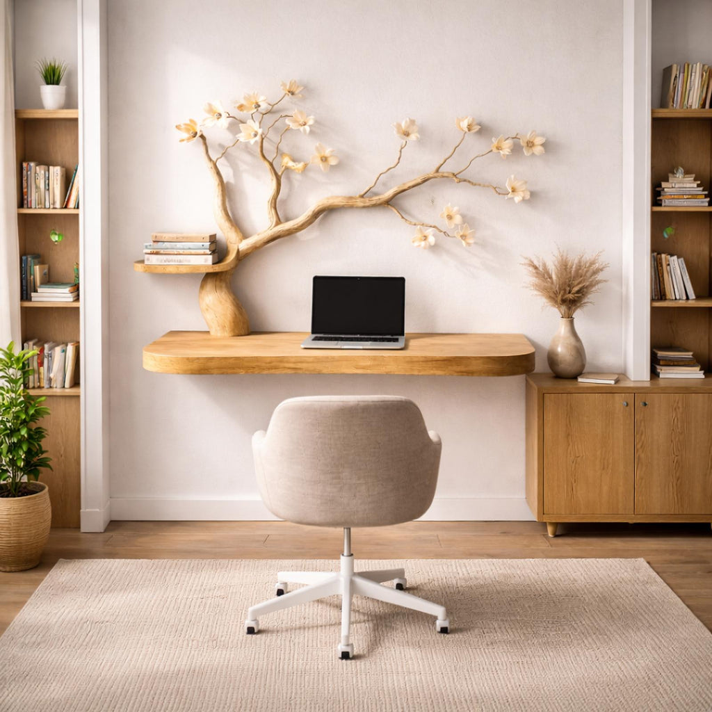 Organic Artistic Floating Desk With Floral Tree Sculpture For Home Office