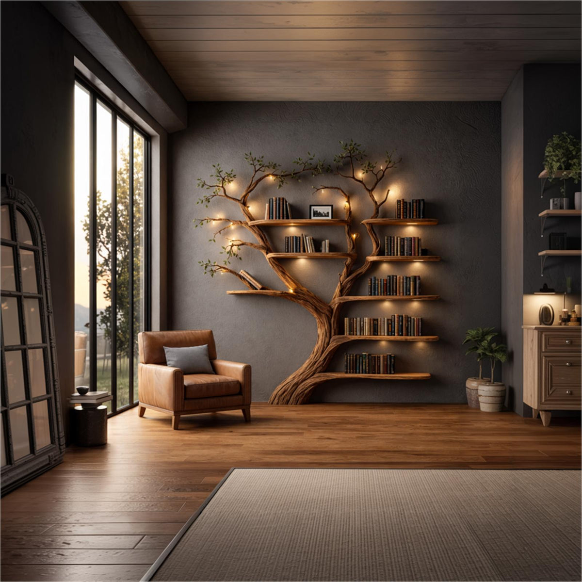 Rustic Organic Wood Tree Bookshelf, Handcrafted Wall Mounted Floating Branch Bookcase Wall Art Decor for Home