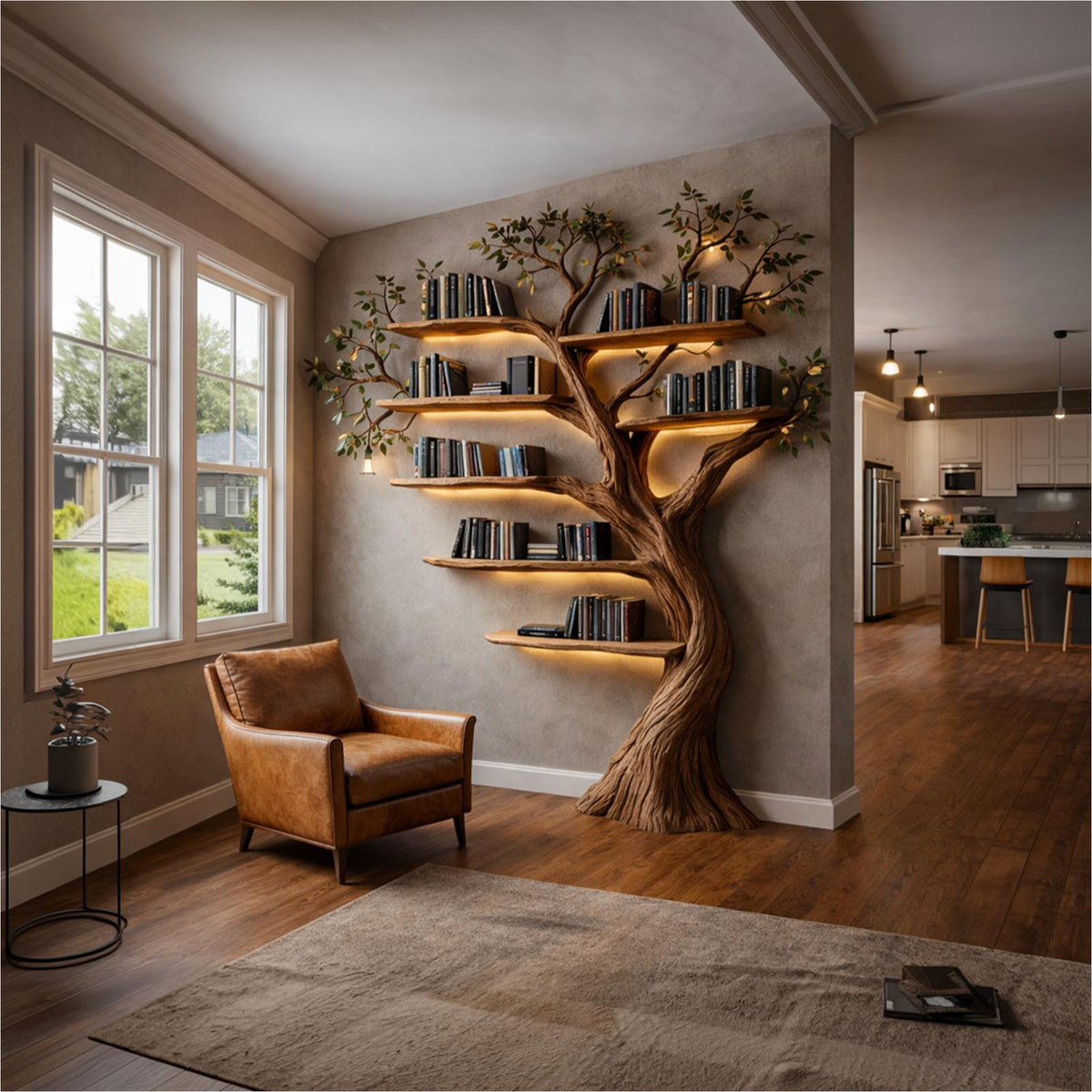 Rustic Woodland Wood Tree Bookshelf, Handcrafted Wall Mounted Floating Branch Bookcase for Living Room Storage