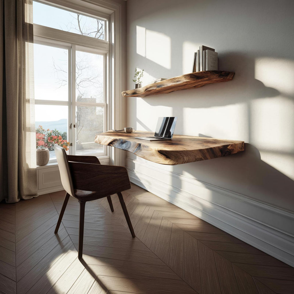 Live Edge Solid Wood Floating Desk Natural Home Office Interior