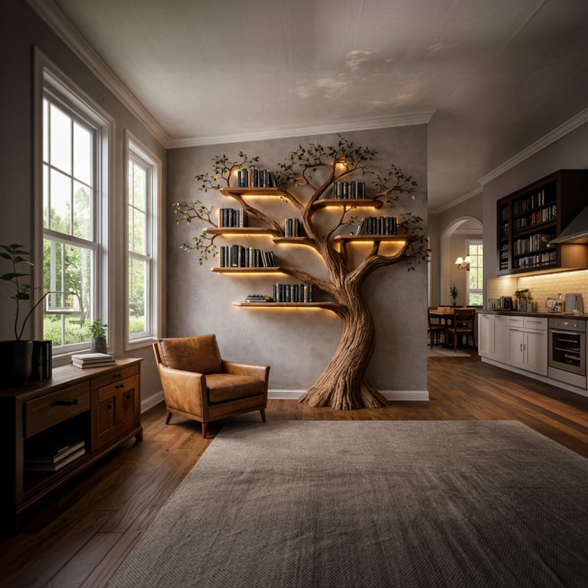 Rustic Nature Inspired Tree Bookshelf, Handmade Solid Wood Floating Wall Mounted Branch Bookcase for Living Room