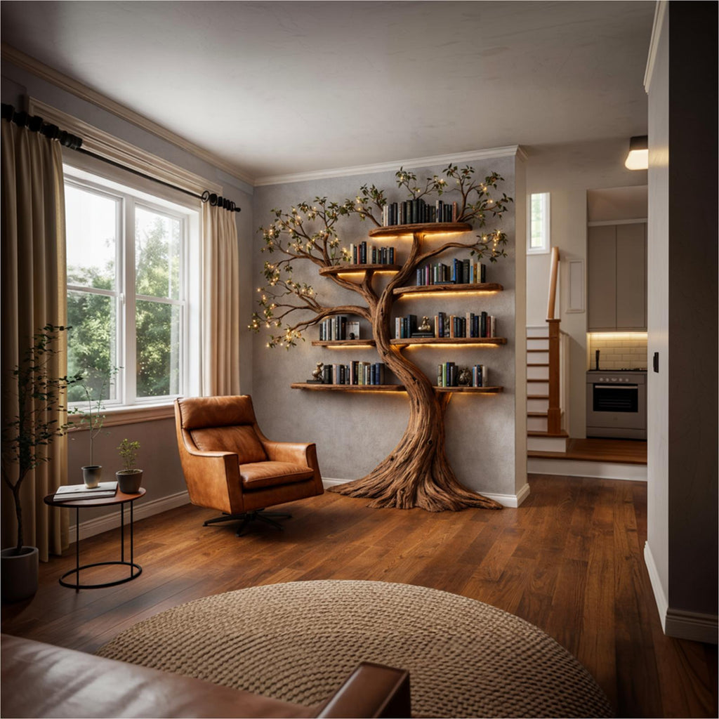 Rustic Artisan Wood Tree Bookshelf, Handcrafted Floating Branch Wall Mounted Statement Bookcase for Living Room