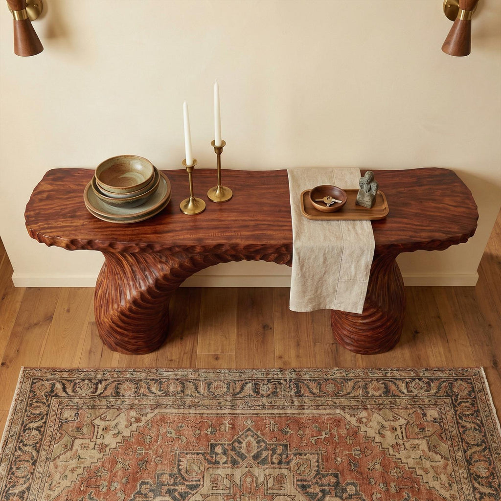 Rustic Ribbed Arch Wood Console Table, Handcrafted Narrow Entryway & Hallway Accent Table