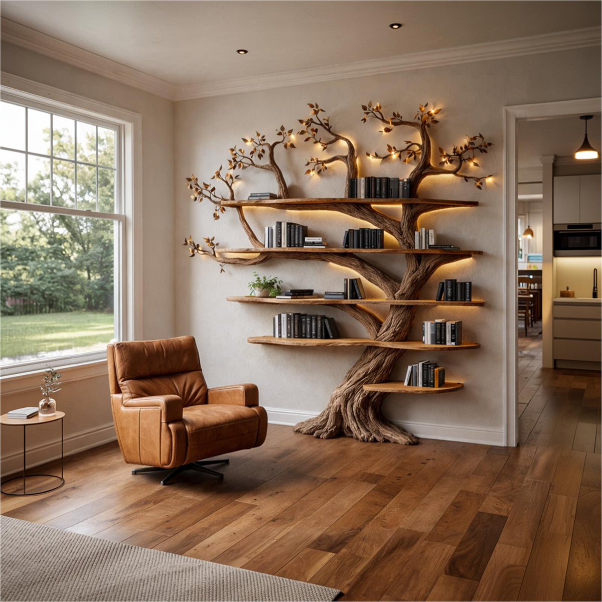Rustic Artisan Wood Tree Bookshelf, Handcrafted Floating Branch Wall Mounted Statement Bookcase for Living Room