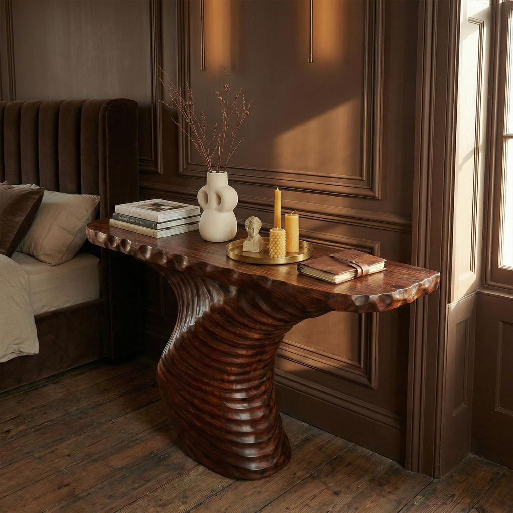 Rustic Ribbed Sculptural Console Table, Solid Wood Sofa Back & Entryway Accent Table for Living Room
