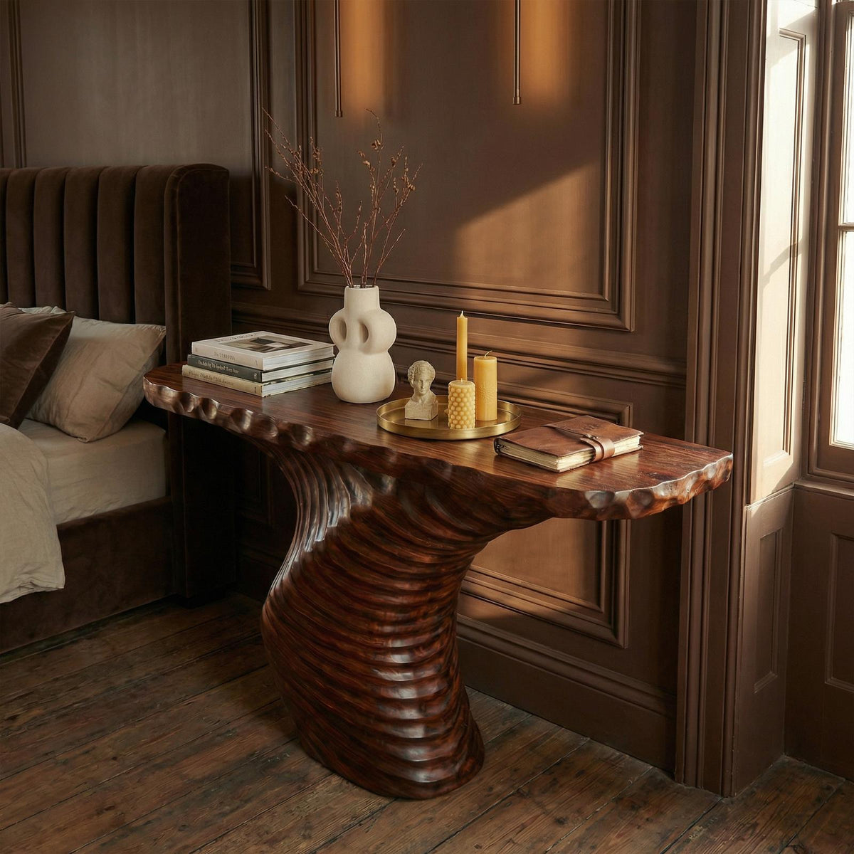 Rustic Ribbed Sculptural Console Table, Solid Wood Sofa Back & Entryway Accent Table for Living Room