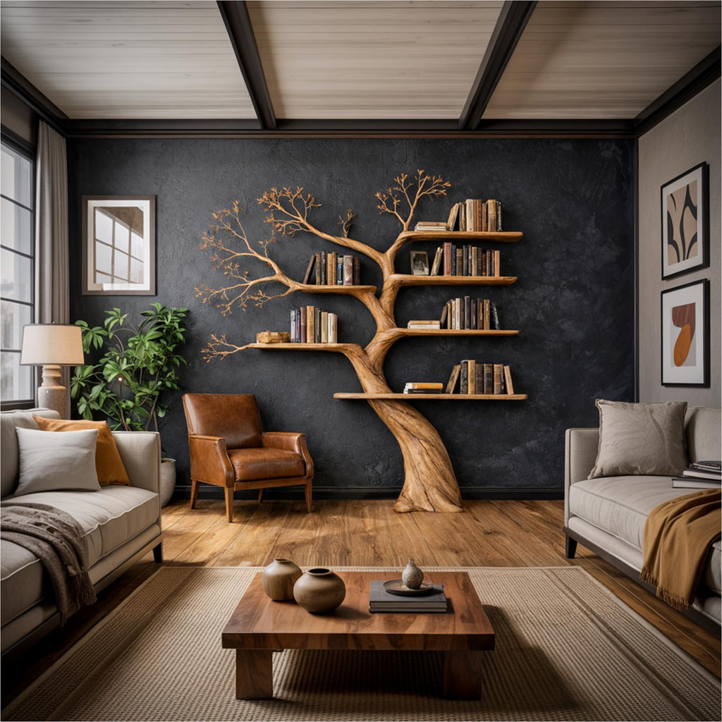 Sculptural Wood Tree Bookshelf, Architectural Wall Mounted Branch Bookcase and Art Display for Modern Living Room