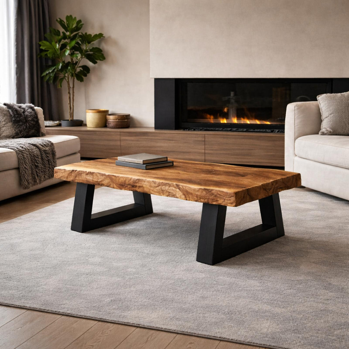 Industrial Live Edge Solid Wood Coffee Table Bold Contrast Black Base Modern Living Room Interior