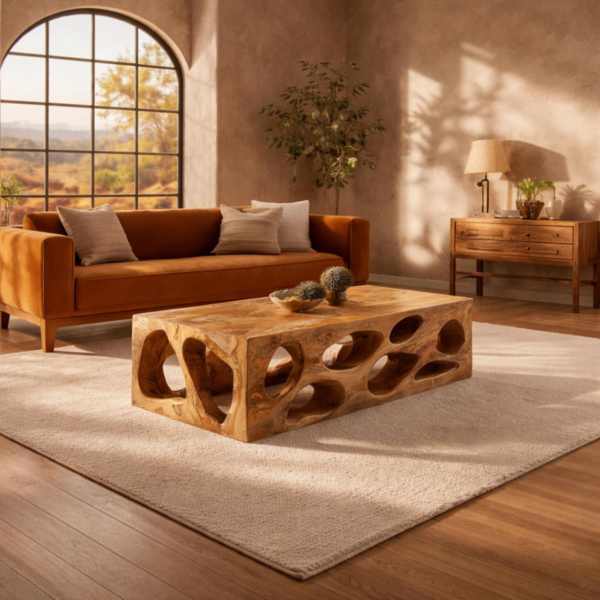 Organic Hollow Carved Solid Wood Coffee Table, Sculptural Statement Center Table for Warm Living Room Interior