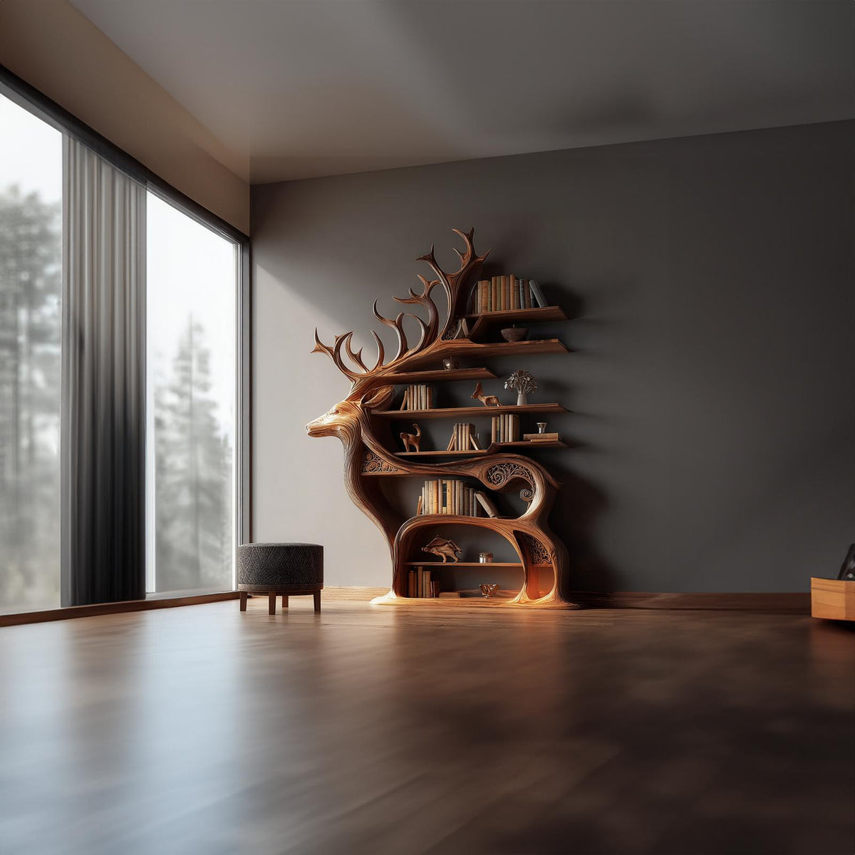Spry Interior Rustic Wooden Deer Bookshelf Console, Artful Animal Shape Storage Rack, Solid Timber Display Case for Living Room SINLKISC099