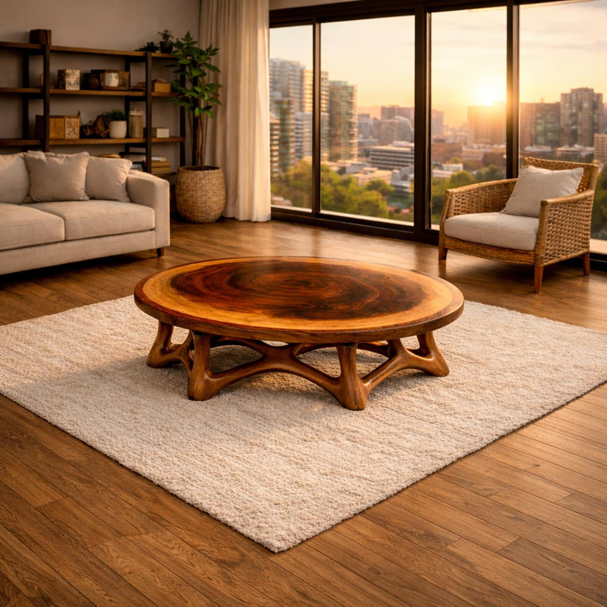 Round Sculptural Solid Wood Coffee Table Organic Base Modern Living Room Interior SINLKICF305