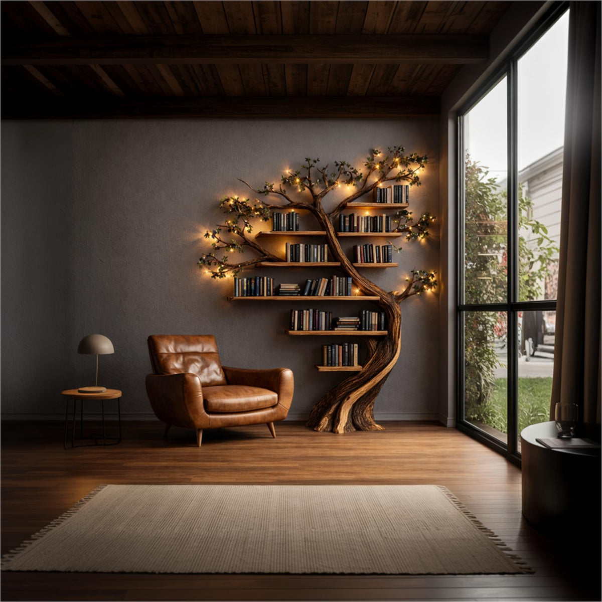 Rustic Tree Bookshelf, Solid Wood Handcrafted Floating Branch Wall Mounted Bookcase Storage for Living Room