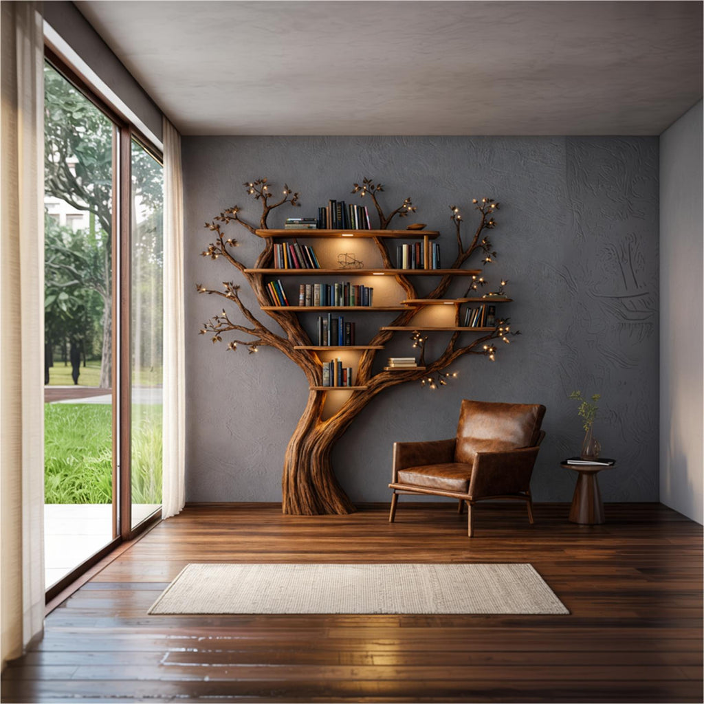 Nature Inspired Handcrafted Tree Bookshelf Living Room Interior Biophilic Wall Feature