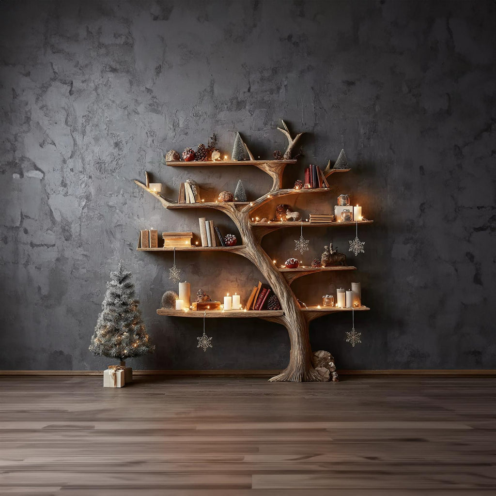 Rustic Tree Bookshelf Holiday Living Room