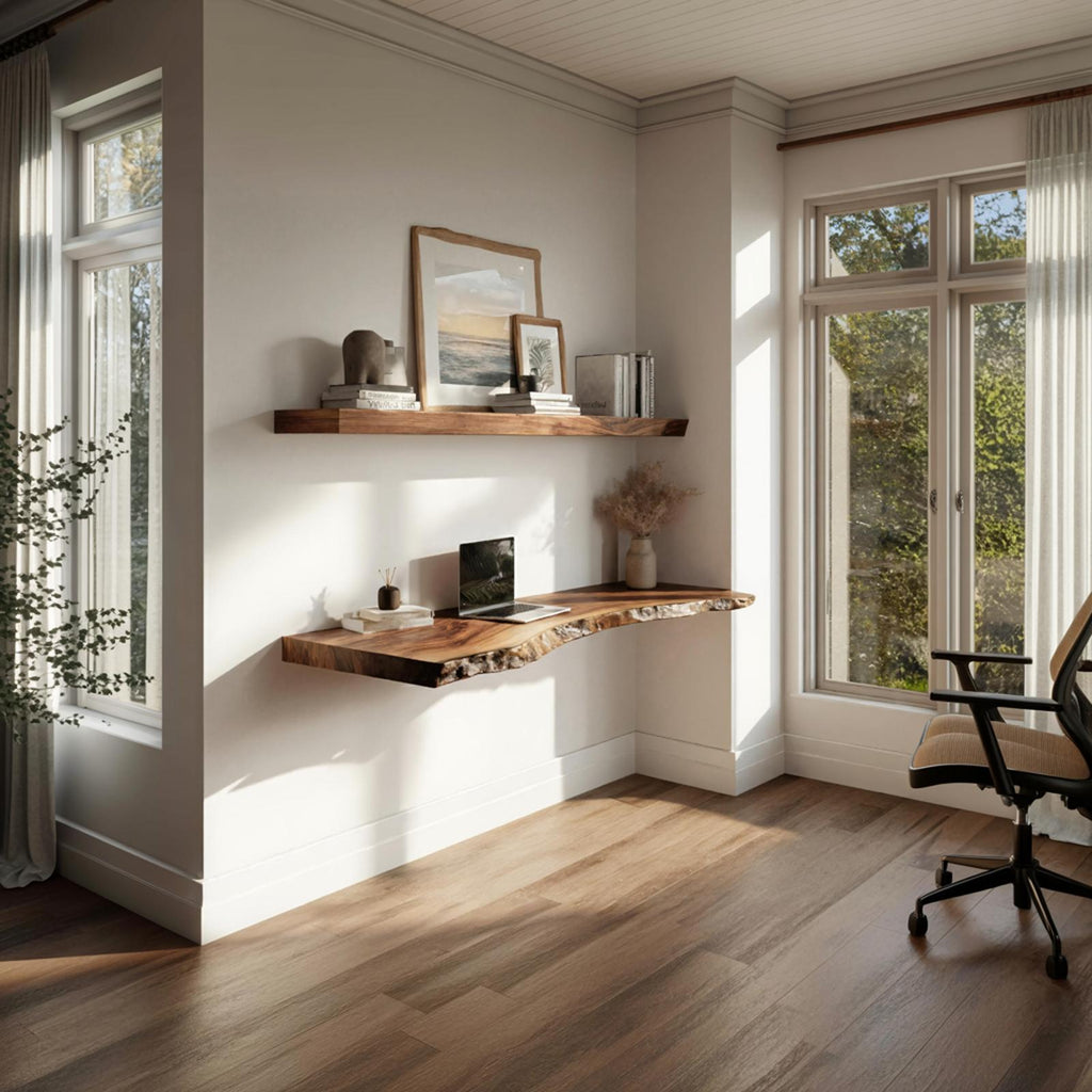 Live Edge Solid Wood Floating Desk Window Side Workspace Interior