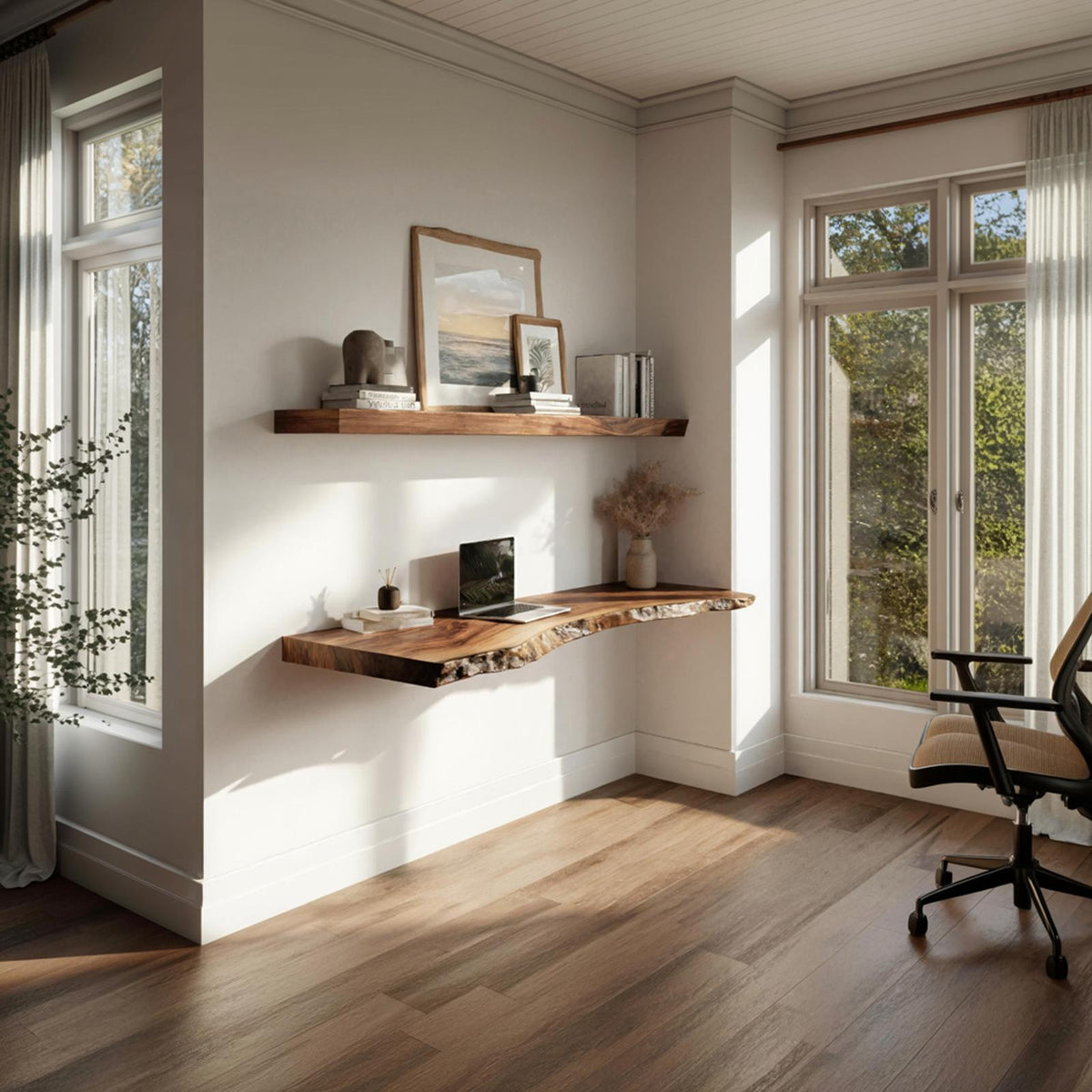 Live Edge Solid Wood Floating Desk Window Side Workspace Interior