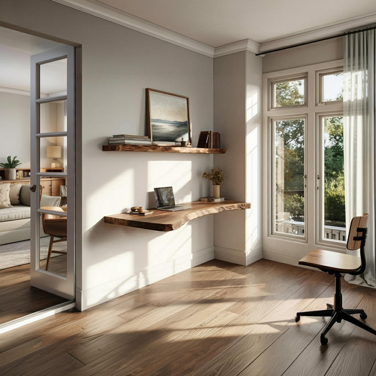 Minimal Solid Wood Wall Desk Natural Light Home Office Interior