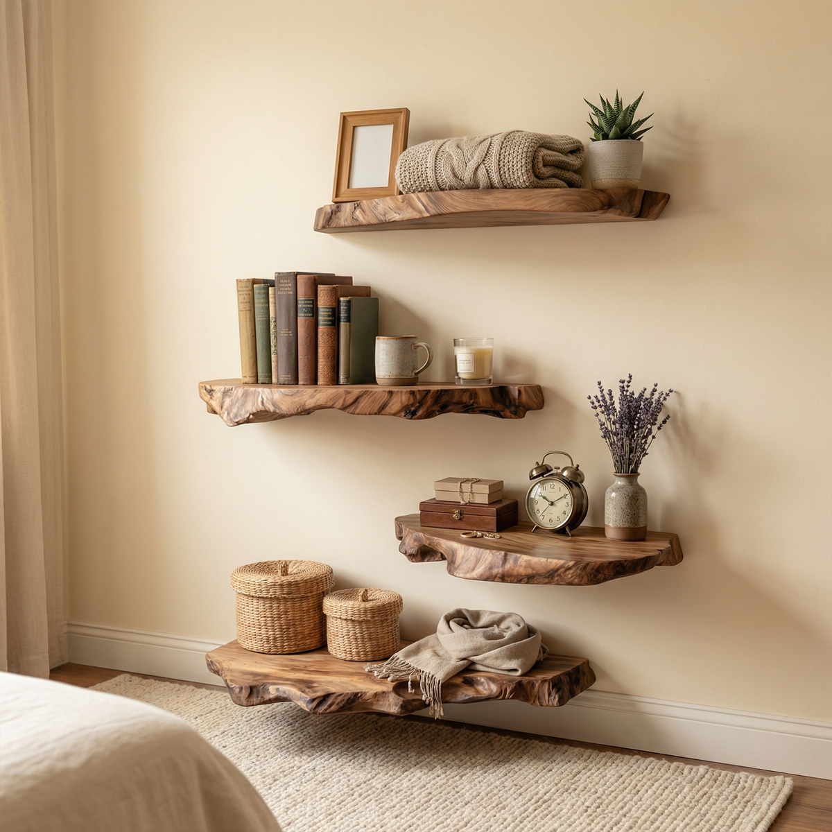 Modern Live Edge Corner Floating Shelves, Solid Wood L Shaped Hanging Shelf, Rustic Bathroom & Living Room Organizer
