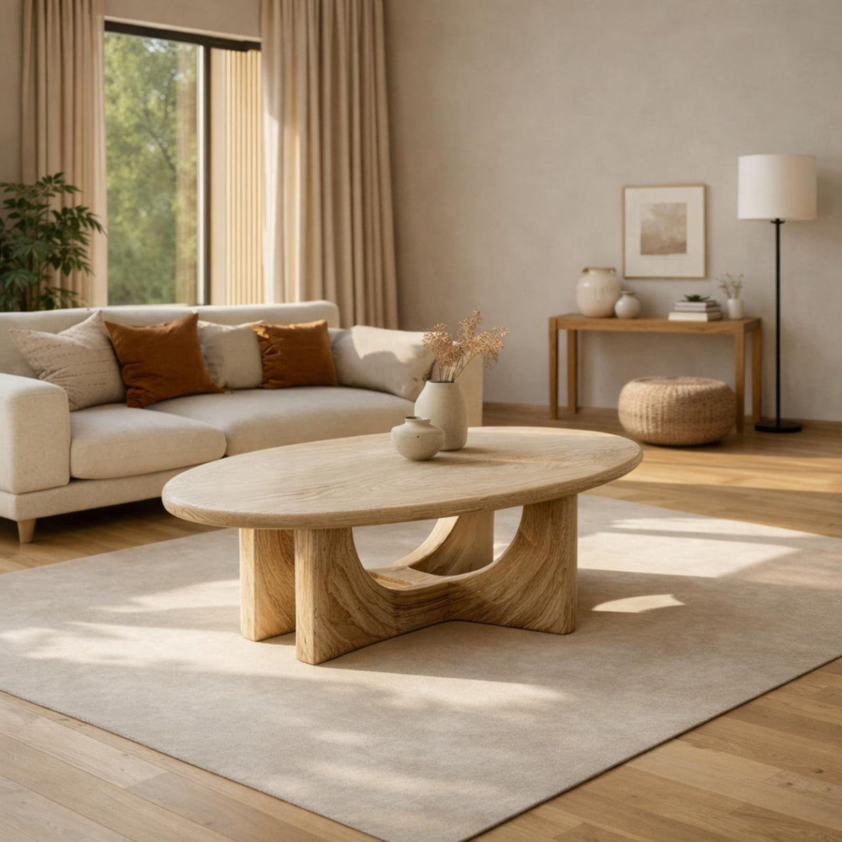 Serene Sculptural Solid Wood Coffee Table, Flowing Base Accent Center Table for Modern Living Room Harmony
